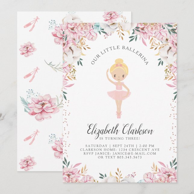 Vårt lilla Ballerina-födelsedagskort Inbjudningar (Fram/baksida)