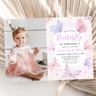 Vårt lilla fjäril-Rosa Girls Birthday Photo Inbjudningar