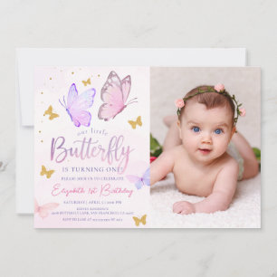 Vårt lilla fjäril Rosa Guld Girl Birthday Photo Inbjudningar