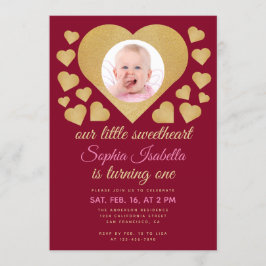 Vårt lilla hjärta Burgundy Guld hjärta födelsedag Inbjudningar