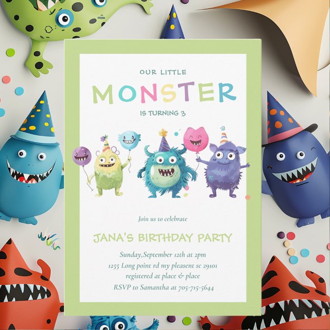Vårt lilla monster | Färgrika tre monster Inbjudningar (Skapare uppladdad)