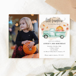 Vårt lilla Pumpkin Fall Farm Lastbil Birthday Phot Inbjudningar
