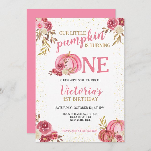 VÅRT LILLA PUMPKIN ROSA VATTENFÄRG 1 BIRTHDAG INBJUDNINGAR (Fram/baksida)