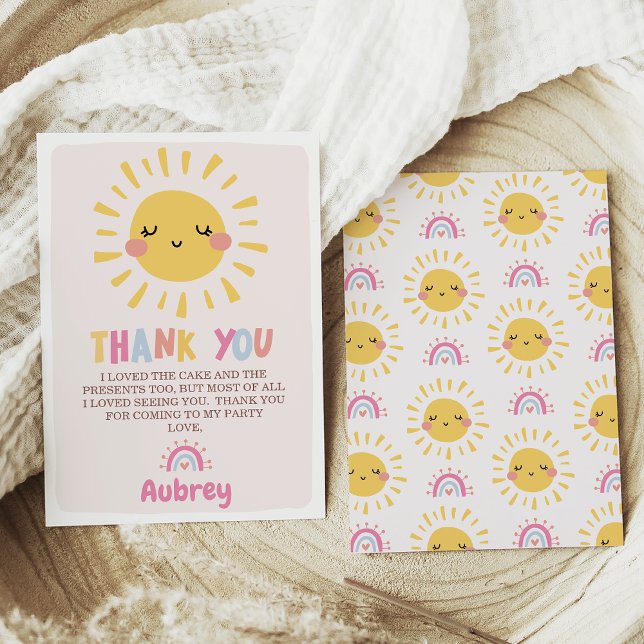 Vårt lilla solskenskort på födelsedagen - tack inbjudningar (Our Little Sunshine 1st Birthday Thank You Card, Girl Summer Birthday Thank You Card, Smiling sun)