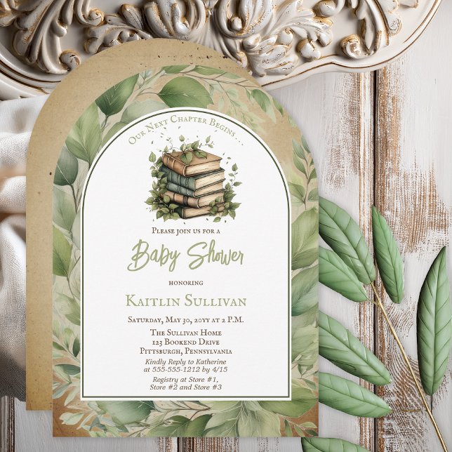 Vårt nästa kapitel börjar med Bokar Babydusch Inbjudningar (Our Next Chapter Begins Books Baby Shower Boy or Girl Arched Invitation - Print | Digital Download)