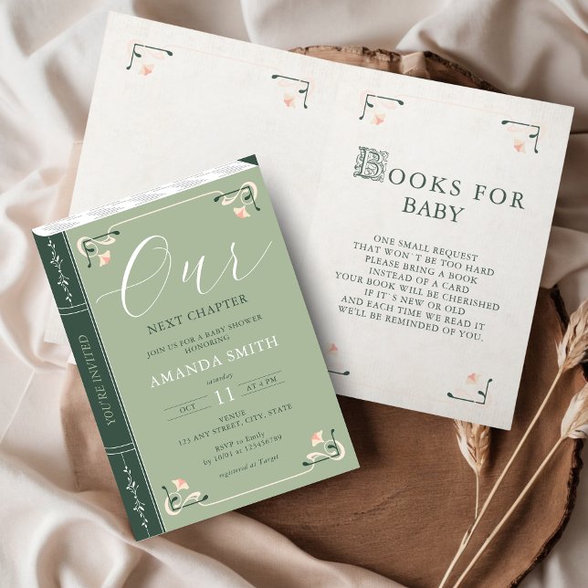 Vårt nästa kapitel Storybook Bokar för babyskor Inbjudan (Our next chapter Storybook Folded Baby Shower Invitation with Books for Baby Request on the Inside)