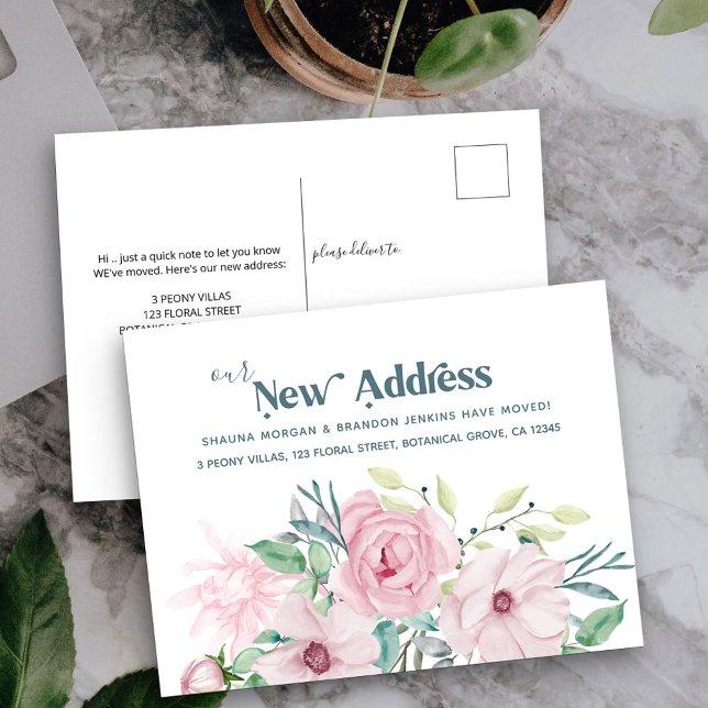 Vårt Nya adress kunnande om Blommigtens Flytta Meddelande Vykort (New Address postcard with pink peony rose flowers)