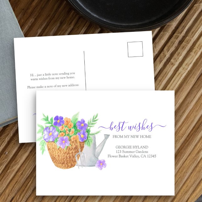Vårt Nya adress meddelande om Flytta av blomsterpl Vykort (New Address postcard with garden basket of flowers)