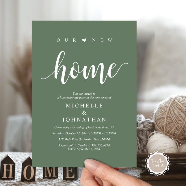 Vårt nya hem, Inbjudningskort från Houseuppvärmnin (Our new home, Housewarming party invitation card, first house invites, in sage green)