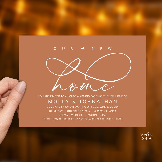 Vårt Nya Hem, Modern Elegant Inflyttningsfest Inbjudningar (Our New Home, Modern Elegant Housewarming party Invitation Card in Terracotta Brown Copper)