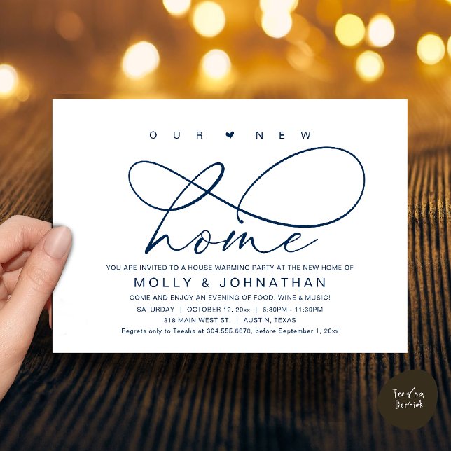 Vårt Nya Hem, Modern Elegant Inflyttningsfest Inbjudningar (Our New Home, Modern Elegant Housewarming party Invitation Card in Navy Blue)