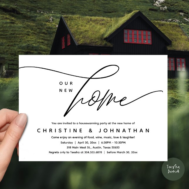 Vårt nya hem, Mysiga, älskande Party Inbjudningar (Our New Home, Cozy Lovely Housewarming Party Invitation Card, PDF, White Black)