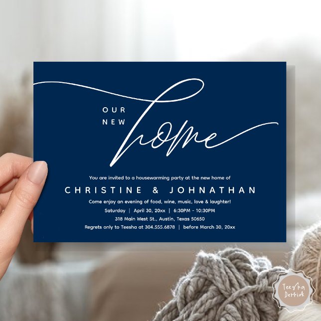 Vårt nya hem, Mysiga, älskande Party Inbjudningar (Our New Home, Cozy Lovely Housewarming Party Invitation Card, PDF, Navy Blue)