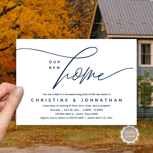 Vårt nya hem, Mysiga, älskande Party Inbjudningar (Our New Home, Cozy Lovely Housewarming Party Invitation Card, PDF, Navy Blue)