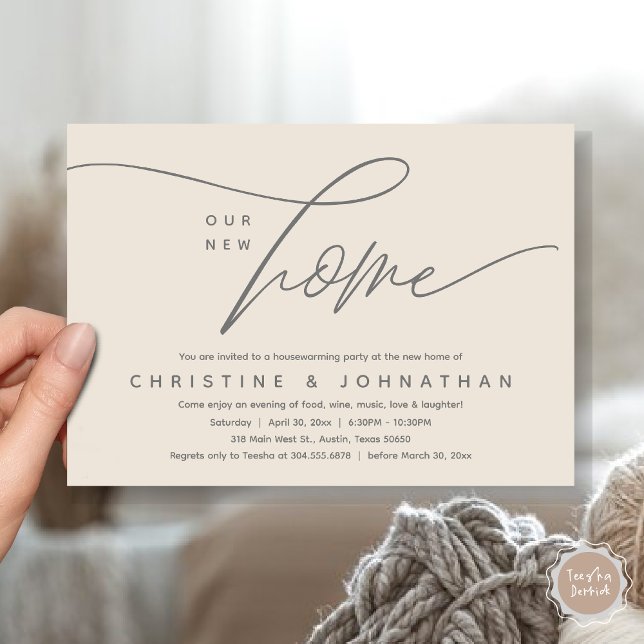 Vårt nya hem, Mysiga, älskande Party Inbjudningar (Our New Home, Cozy Lovely Housewarming Party Invitation Card, PDF, Cream Grey)