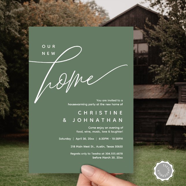 Vårt nya hem, Mysiga, älskande Party Inbjudningar (Our New Home, Cozy Lovely Housewarming Party Invitation Card, PDF, Portrait, Forest Sage Green)
