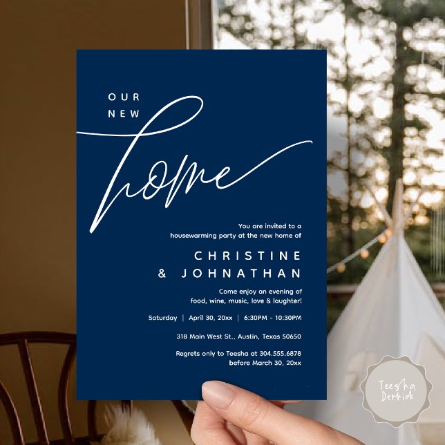 Vårt nya hem, Mysiga, älskande Party Inbjudningar (Our New Home, Cozy Lovely Housewarming Party Invitation Card, PDF, Portrait, Navy Blue)