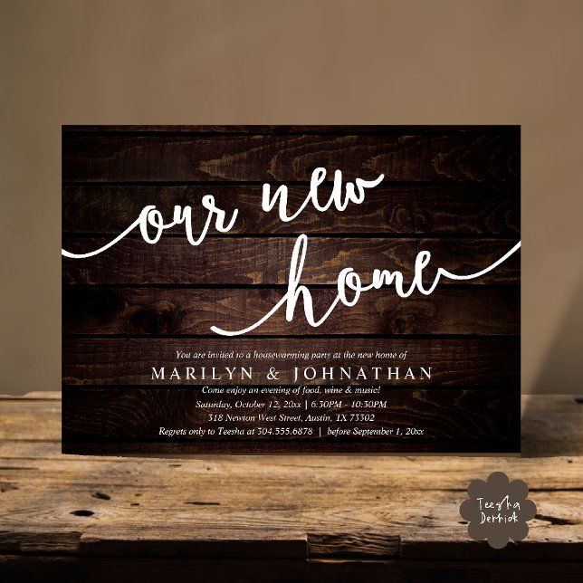 Vårt nya hem, Rustic Houseworc party Inbjudningar (Our new home, Rustic Housewarming party Invitation Card PDF Cottage brown wood)