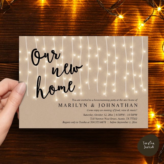 Vårt nya hem, Rustic Houseworc party Inbjudningar (Our new home, Rustic Housewarming party Invitation Card PDF Cottage String Light brown Kraft)