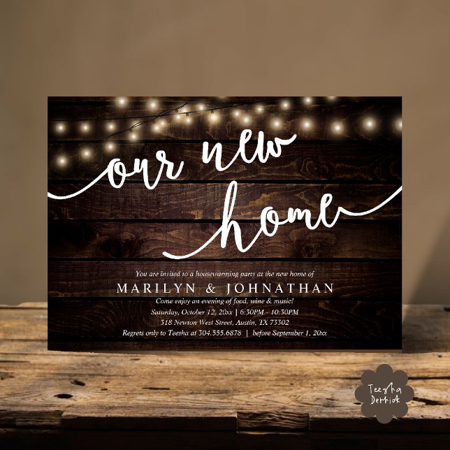 Vårt nya hem, Rustic Houseworc party Inbjudningar (Our new home, Rustic Housewarming party Invitation Card PDF Cottage String Light brown wood)
