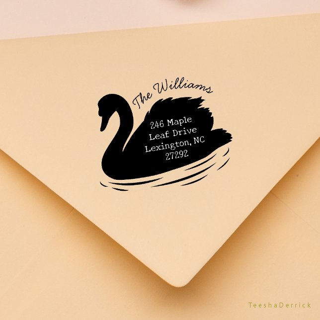 Vårt nya kammarmeddelande Svan Returadress Stämpel (Our New House Announcement Cute Swan silhouette shape or Wedding RSVP Return Address Rubber Stamp)
