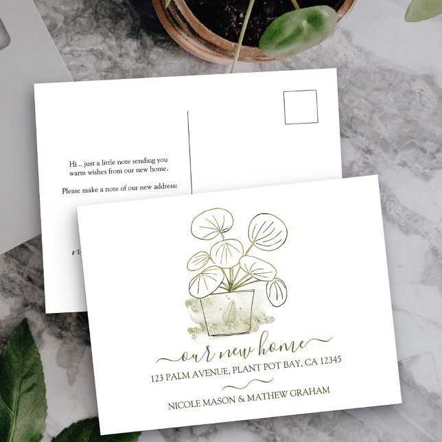 Vårt nya meddelande om Flytta av hemmabruk Vykort (New Address postcard with elegant minimalist potted plant design)