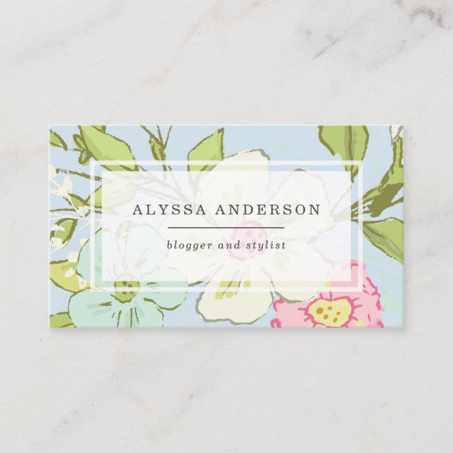 Vårträdgård i moderiktig blommigt för blått | visitkort (Framsida)