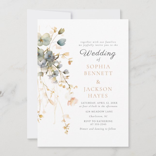 Vårträdgård Vilda Blommor Boho Beige Blå Bröllop Inbjudningar (Framsida)