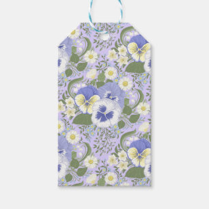 Vårträdgårdsblommor på lavendel presentetikett