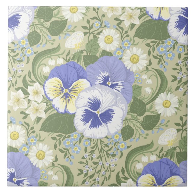 Vårträdgårdsblommor på salvia kakelplatta (Framsidan)