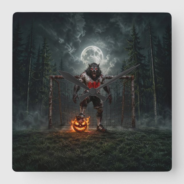 Varulvsfotbollsspelare Halloween-skräckkonst Fyrkantig Klocka (Framsida)