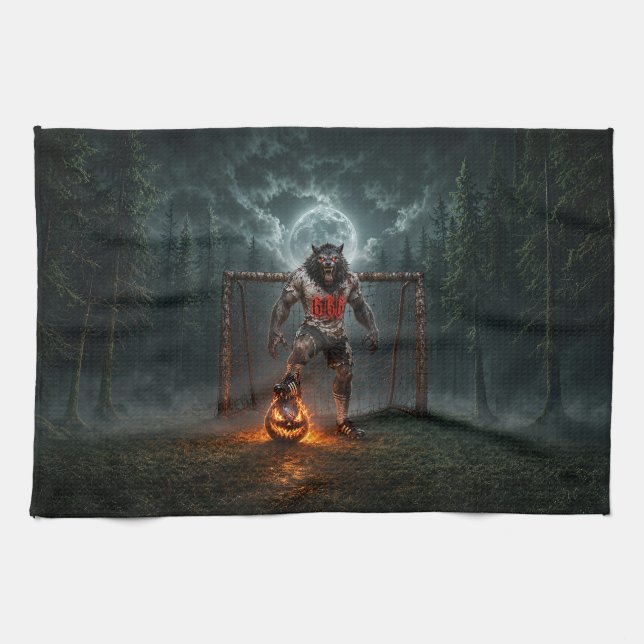 Varulvsfotbollsspelare Halloween-skräckkonst Kökshandduk (Horisontell)