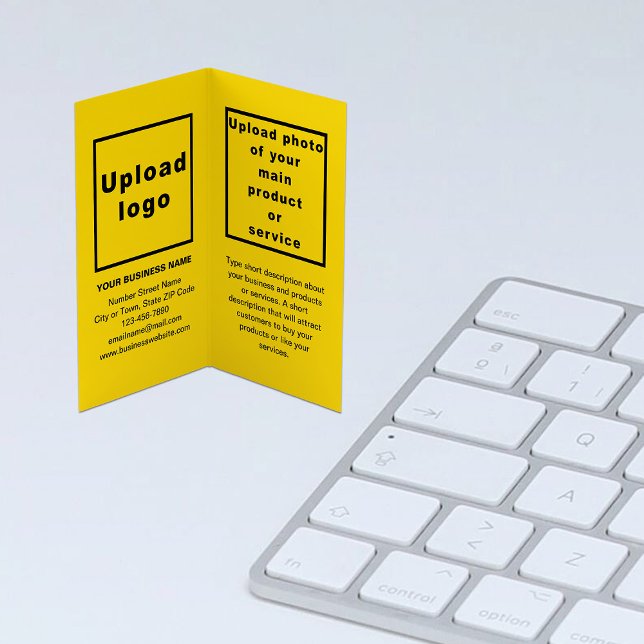 Varumärke och produkt på Affärskortet Gult-vikt Visitkort (Yellow folded business card with your brand and product)