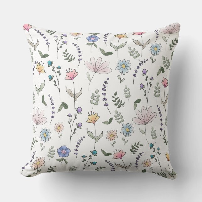Vårvattenfärg Doodle Blommor Kudde (Framsida)