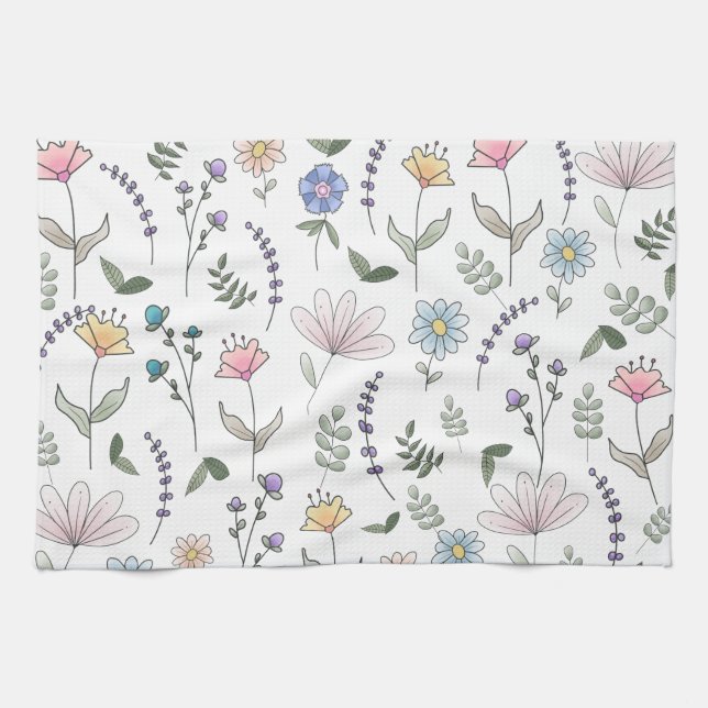 Vårvattenfärgdoodleblommor Kökshandduk (Horisontell)