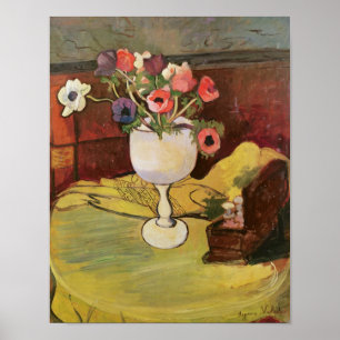 Vas av blommor, anemoner i ett vitexponeringsglas poster