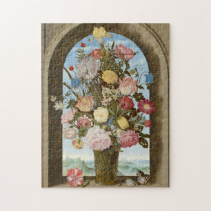 Vas av blommor i ett fönster, c.1618 pussel