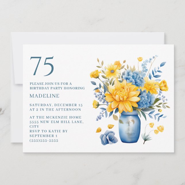 Vas Gula Blå Blommor 75-årsdag Inbjudningar (Framsida)