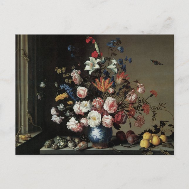 Vas i Flowers, genom Window, Balthasar van der Ast Vykort (Framsida)