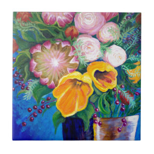 Vas i Flowers - Proteas, Tulips och Ro Kakelplatta