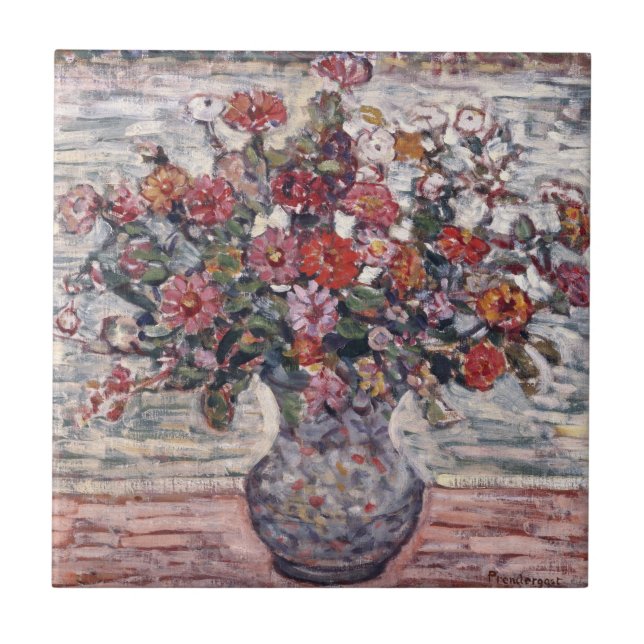 Vas i Flowers, Zinnias av Maurice Prendergast Kakelplatta (Framsidan)