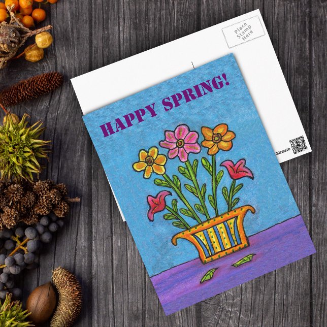 Vas i Lycklig Vår blommor vykort (Vase of Happy Spring flower with pink and orange flowers on blue and purple postcard.)