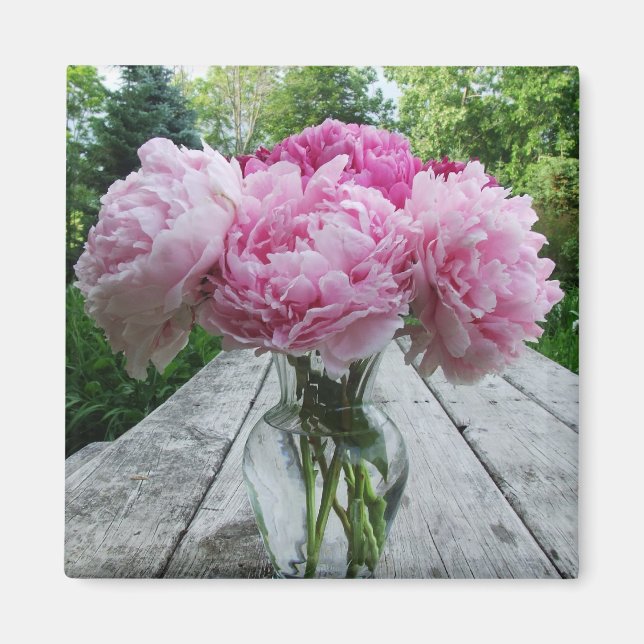 Vas i Rosa Peonies Square Magnet (Framsidan)