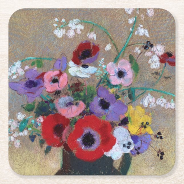 Vas med blandade blommor, Redon Underlägg Papper Kvadrat (Framsidan)