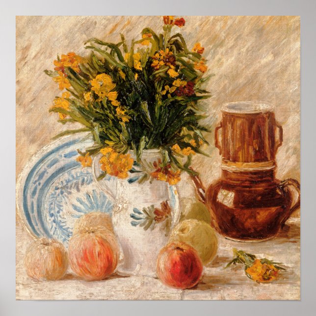 Vas med blommor, kaffekanna och frukt, van Gogh Poster (Framsidan)