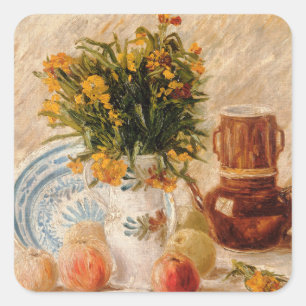 Vas med blommor, kaffepott och frukt, van Gogh Fyrkantigt Klistermärke