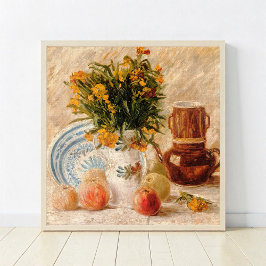 Vas med blommor, kaffepott och frukt, van Gogh Poster
