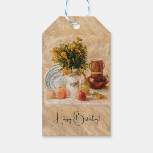 Vas med blommor, kaffepott och frukt, van Gogh Presentetikett