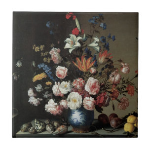 Vas med blommor vid fönster, Balthasar van der Ast Kakelplatta