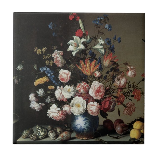 Vas med blommor vid fönster, Balthasar van der Ast Kakelplatta (Framsidan)
